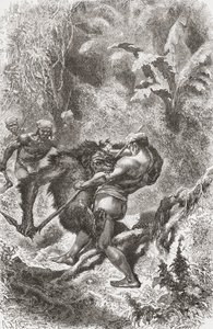 A Dayak native from Borneo fighting with an orangutan, from 